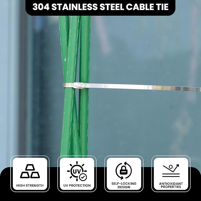 11.8 Inch 100 Pcs Stainless Steel Metal Zip Ties – Heavy Duty Outdoor Cable Ties with Self-Locking Design for Machinery, Vehicles, Farms, Pipes, Roofs, Cables