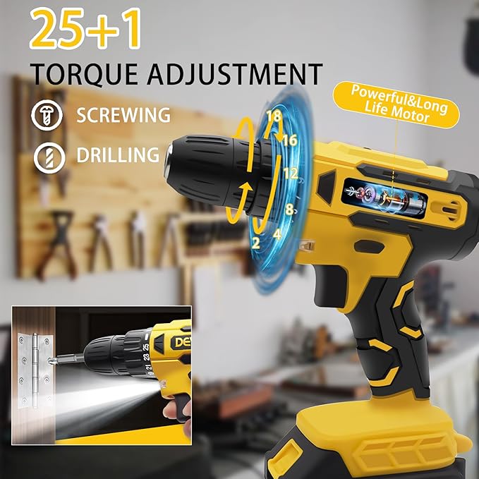 DEVONIC Cordless Drill Set,21V Electric Drill with 1 Lithium Battery and Charger,3/8"Keyless Chuck,25+1 Torque Setting and 28pcs Screwdriver Bits