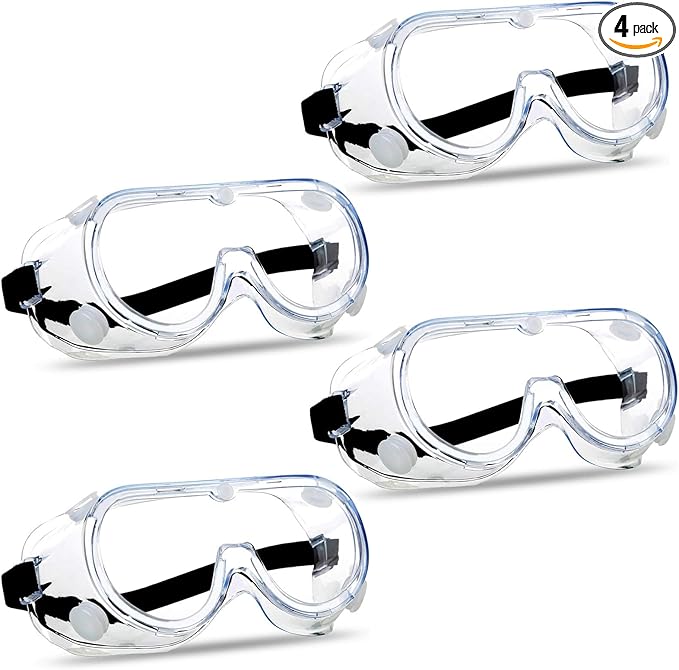 Super More 4PCS Anti-Fog Protective Safety Goggles Clear Lens Wide-Vision Adjustable Chemical Splash Eye Protection Soft Lightweight Eyewear