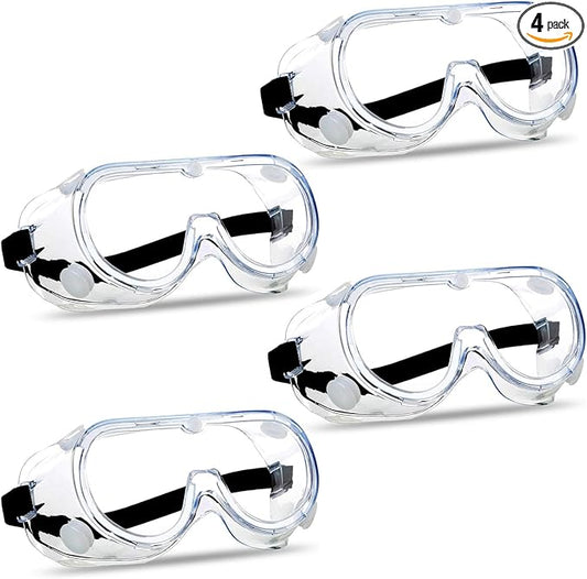 Super More 4PCS Anti-Fog Protective Safety Goggles Clear Lens Wide-Vision Adjustable Chemical Splash Eye Protection Soft Lightweight Eyewear