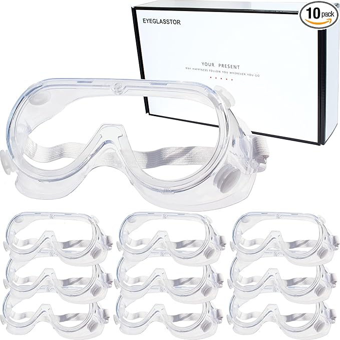 10 Pack Protective Safety Goggle for lab chemistry soft lightweight goggles over prescription glasses Anti-Splash worker construction Eye protection Science Onion Cutting and More White