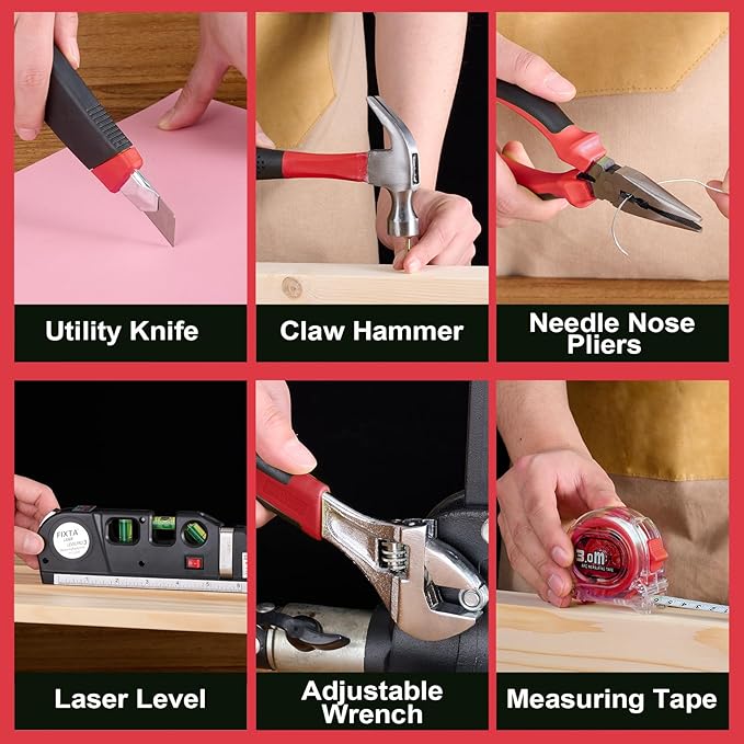 Cordless Drill Tool Set: 12V Power Drill Tool Kit with Battery & Charger, 142Pcs Home Hand Repair Tools Box, Portable Household Basic Drills Case for Men & Women, Red