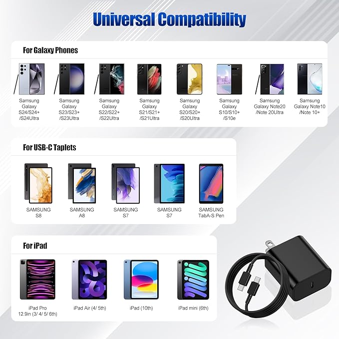 45W USB-C Charger for Samsung Charger Fast Charging, Type C Charger Block &6+10FT USBC to USBC Cable 2Pack for Galaxy S24 Ultra/S24+/S23 S22 S21 Ultra/Plus,iPad Pro/Air/Mini,Android Phone Charger Cord