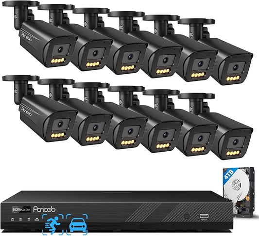 4K Security Camera System 16 Channel, 16CH NVR 4TB HDD, 12PCS 8MP PoE Commercial IP Bullet Cameras, Smart Color Night Vision, 2 Way Audio, Human Vehicle Detection, Remote Access, PB65B1216-8MD