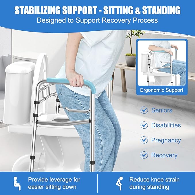 Upgraded Toilet Safety Rail, 380LB Stainless Steel Toilet Frame with Non-Slip Handles & Paper Holder, Adjustable Detachable Handicap Toilet Rails, Foldable Toilet Support Frame for Elderly