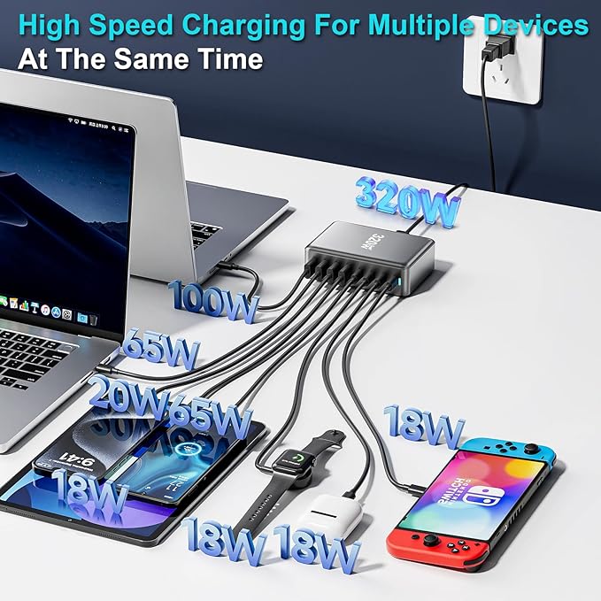 320W USB C Charger Block, 8-Port Fast USB Charging Station Hub PD 100W GaN Ⅲ Pro Charging Station for Multiple Devices, Laptop Charger Adapter Compatible with MacBook, DELL, iPad, iPhone, Samsung etc
