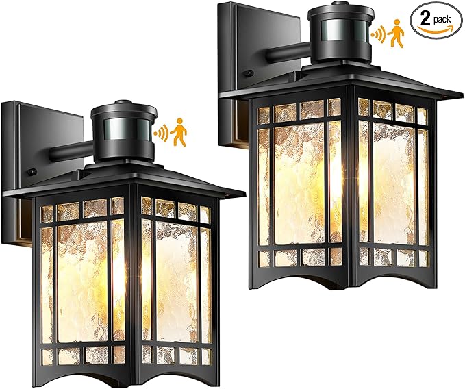 2 Pack Motion Sensor Outdoor Wall Lights, Dusk to Dawn Lighting, Led Exterior Light Fixture, Anti-Rust Lantern for Front Porch, Waterproof Black Outdoor Wall Sconce for House Garage Patio