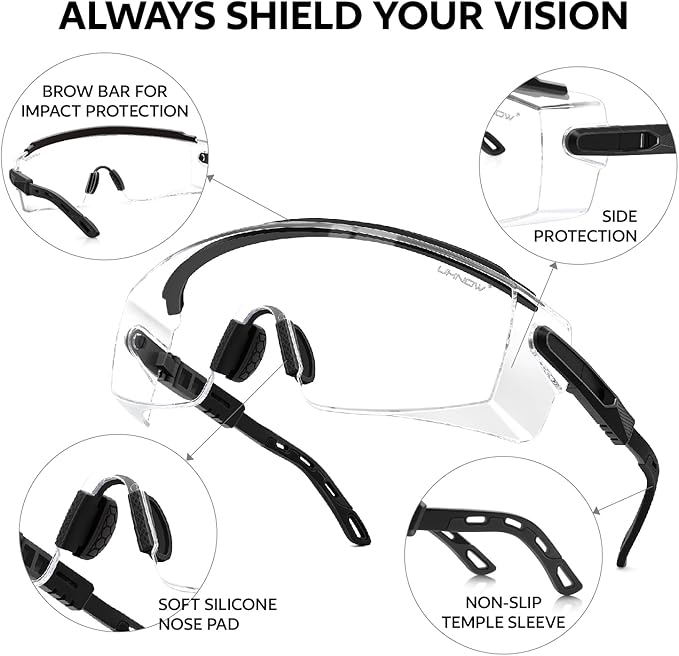 UKNOW Safety Glasses Over Eyeglasses, Anti Fog Safety Goggles ANSI Z87.1, Adjustable Protective Eyewear
