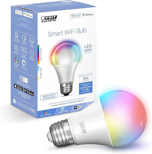 Feit Electric OM60/RGBW/CA/AG Smart WiFi Color Changing and Dimmable, Alexa or Google Assistant, No Hub Required A19 LED Light Bulb, 60W