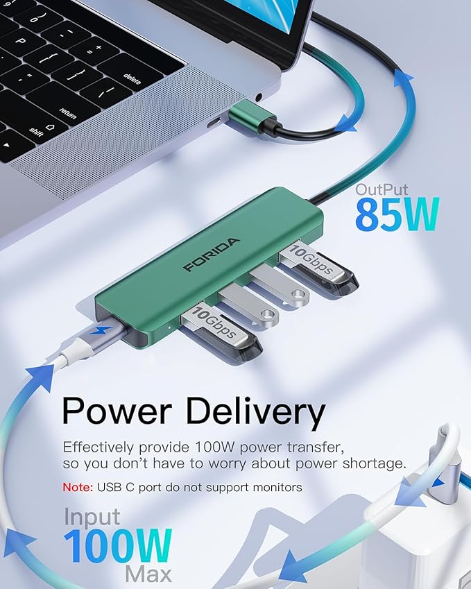 USB C Hub, 10Gbps USB 3.1 Adapter for MacBook, with 100W PD Charging, 2 USB C 3.1 10Gbps and 2 USB A 3.1 Data Ports, Compatible with Surface, XPS, Samsung, Dell and More (Green)