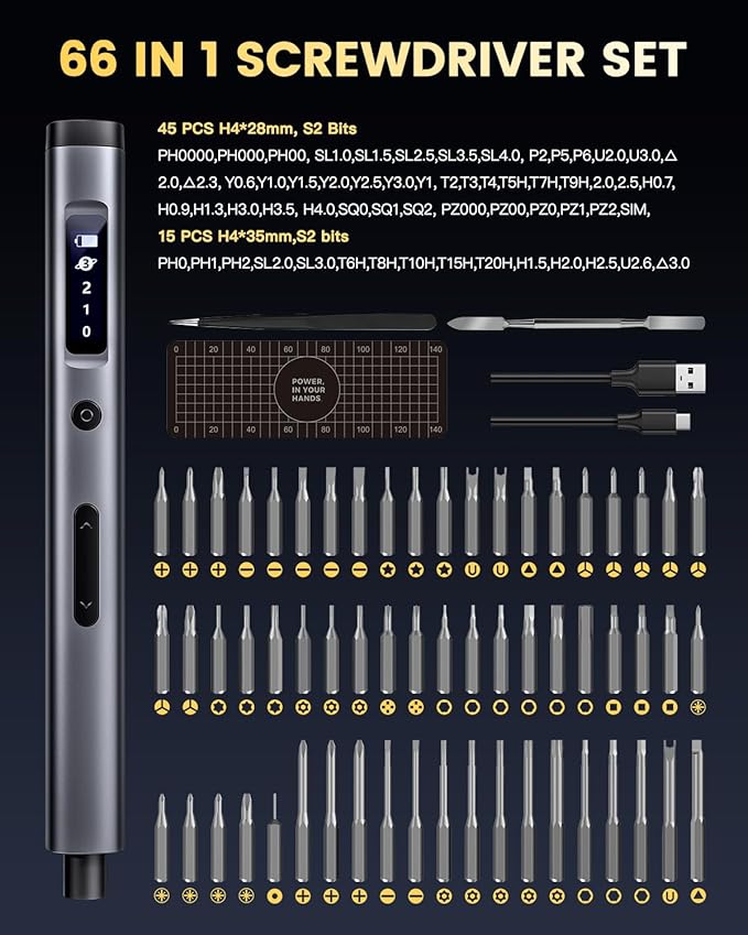 Electric Screwdriver Set, UF-TOOLS Rechargeable Cordless Screwdriver Kit, Precision Repair Tool Kit with Bits, LED Lights, Charging Cable, Carrying Case, for Watches, Phones, Glasses