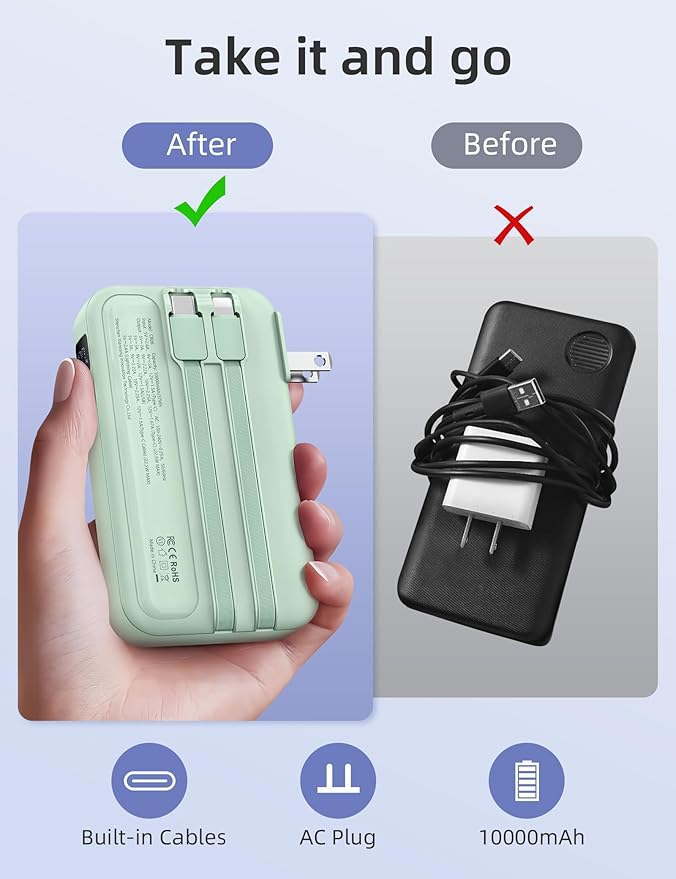 RORRY Portable Charger Built in Cables, AC Wall Plug In Portable Charger Power Bank 10000mAh Travel Battery Pack 22.5W Fast Charging for iPhone 16/15/14 Samsung Galaxy S24/S23/S22 Pixel LG iPad, Green