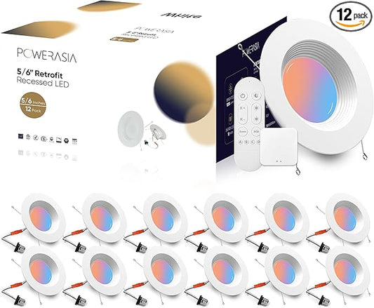 12 Pack 5/6 Inch LED Retrofit RGB Recessed Lighting, 12W 1200LM Smart Can Lights, Recessed Lights 2700K-6000K Color Changing Compatible with Alexa Assistant, Hub INCL