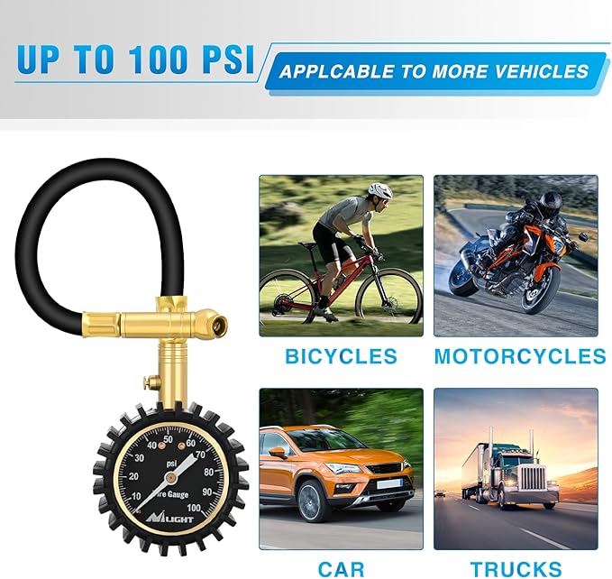 Nilight Tire Pressure Gauge 100PSI Heavy Duty Large 2" Glow Dial ANSI B40.1 Certified Air Chucks Accurate Reading with Extended Hose for Truck Semi Truck ATV Motorhome Cars & RV Accessories