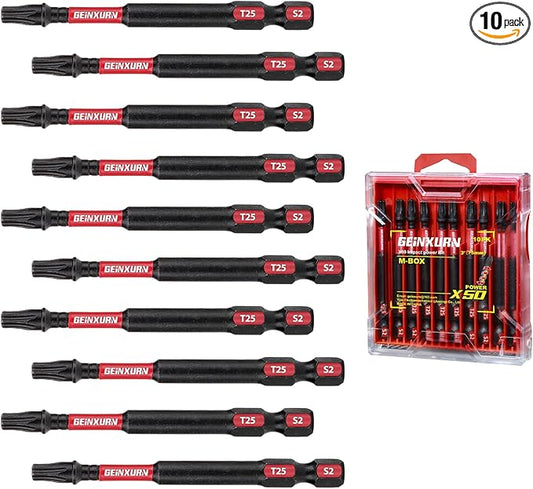 10 Pieces 3 In. T25 Impact Tough Magnetic Screwdriver Bit Set, #25 Torx Head Power Bits, S2 Alloy Steel Star Bits with Storage M-Box