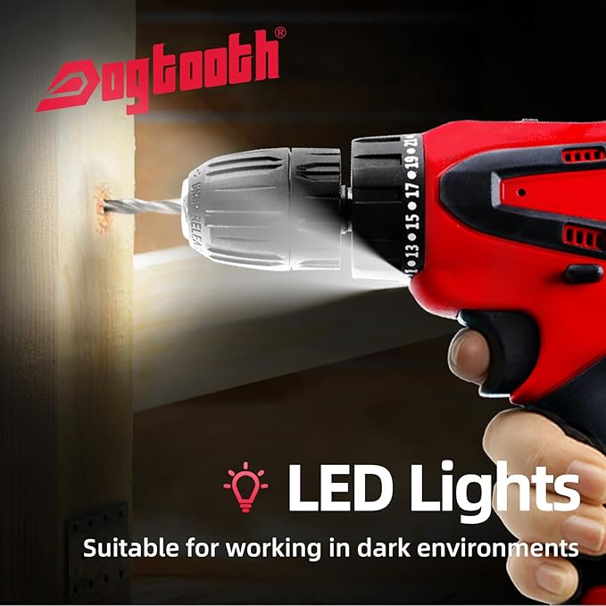 DOGTOOTH 21V MAX Cordless Drill, 1* Battery and Charger, Compatible with Makita 18V Battery, 2 Variable Speed Max 1350 RPM, Build-in LED, 23 Bits, Storage Bag - Red