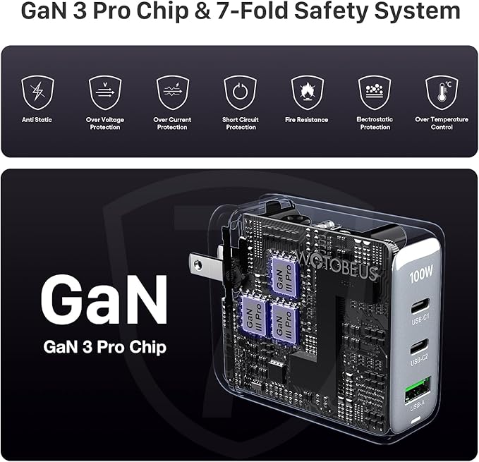 WOTOBEUS USB C GaN3 Wall Charger Block - ETL, 3 Independent Ports, PD 100W & PPS 45W Super Fast Charging, Type-C Laptops Power Adapter, Fit for MacBook iPad iPhone 16/15 Galaxy S25/S24 Pixel Motorola