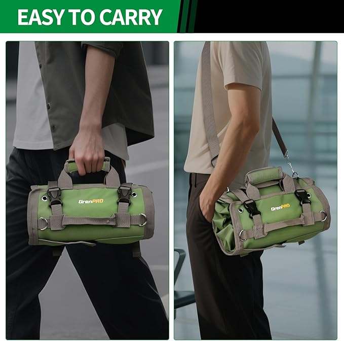 Roll Up Tool Bag With Detachable Pouches, Heavy Duty Organizer With 6 Pockets for Mechanics, Electricians, DIY, Gifts for Dad, Men Birthday Gift, Green