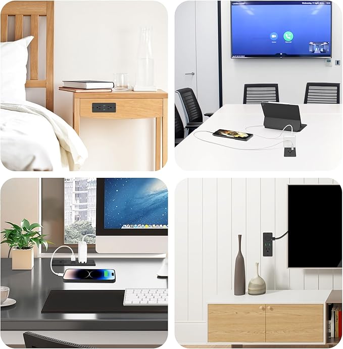 HHSOET 5 in 1 Recessed Power Strip Flat Plug, 45W Fast Charging Furniture Outlet with USB, Conference Recessed Socket with 2 AC Plugs, 2 USB Ports 1 USB-C, 10ft Power Cord. (Black)