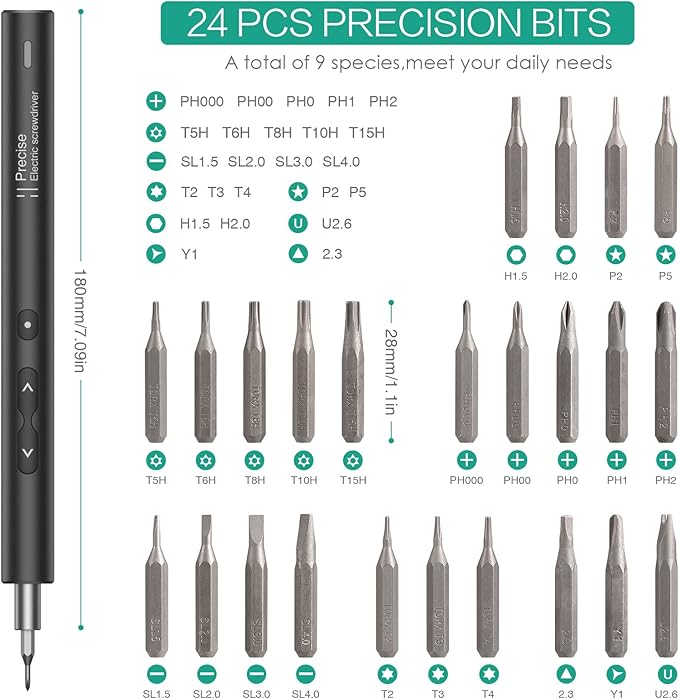 ORIA Electric Screwdriver Set, 28 in 1 Cordless Electric Screwdriver with 24 Bits, Type-C Charging, LED Lights for Smartphones, Computer, Black