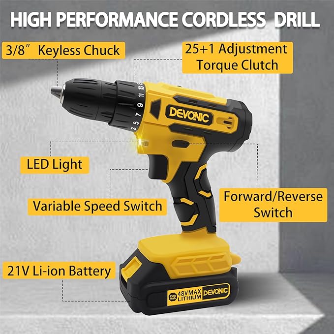DEVONIC Cordless Drill Set,21V Electric Drill with 1 Lithium Battery and Charger,3/8"Keyless Chuck,25+1 Torque Setting and 28pcs Screwdriver Bits