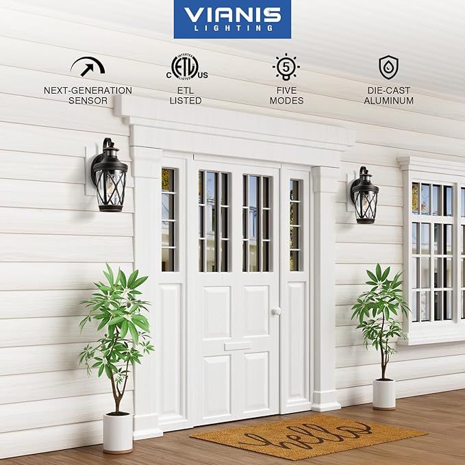 VIANIS Motion Sensor Outdoor Porch Lights Wall Mount, 2-Pack Modern Dusk to Dawn Exterior Lighting Fixtures, Oil Rubbed Bronze Gold Trim Wall Lanterns for Garage, Waterproof Coach Lights for House