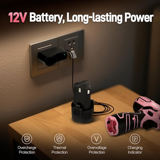 COMOWARE 12V Pink Cordless Drill Home Tool Kit, Pink Drill Set for Women, Lady's Home Repairing Tool Kit Hand Tool Set for DIY Large-Capacity Tool Storage Bag Included