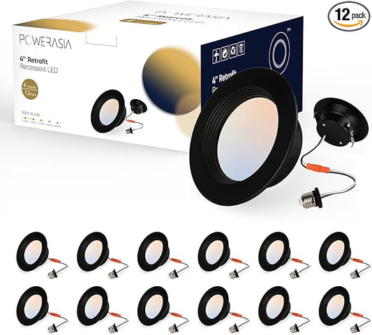 12 Pack 4 Inch Black LED Can Lights Retrofit Recessed Lighting, 5CCT 4 Inch Recessed lights Selectable 2700K-6000K Dimmable, 9W 630LM Recessed Lights with Metal Smooth Trim- ETL and Energy Star