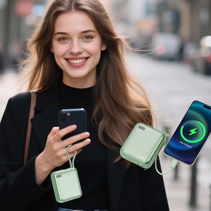 Hichain Portable Charger with Dual Built-in Cables 10000mAh Small Power Bank 22.5W Fast Charging Mini Powerbank LED Display Travel Essential Battery Pack for iPhone 17 16 15 14 13 All Series Green