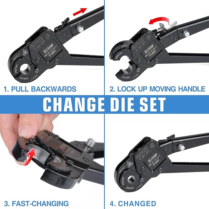 iCrimp KIT-FACL PEX Crimping Tool Kit for Crimping & Removal 1/2-in, 3/4-in, 1-in PEX Copper Crimp Ring, with PEX Tubing Cutter, Corner Operation Friendly
