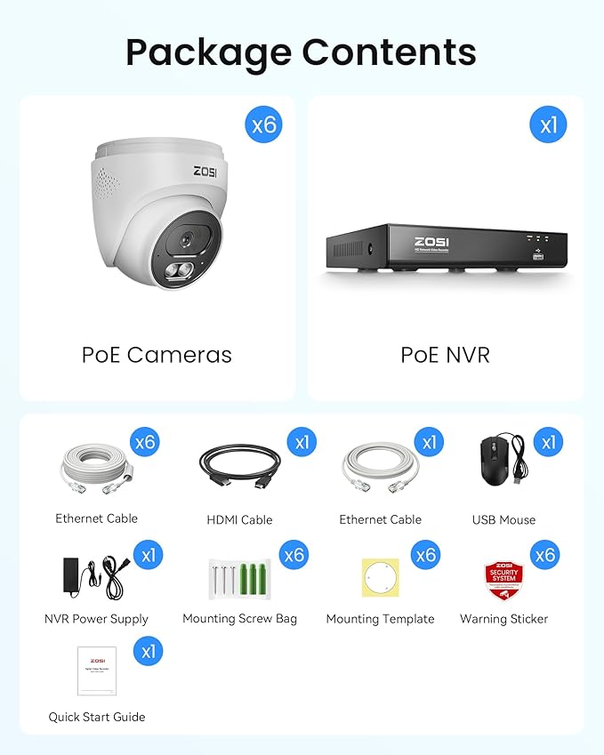 ZOSI C220 4K 8MP 8CH POE NVR Security Camera System (16CH Expandable), 6 x 8MP PoE IP Dome Cameras Outdoor Indoor, AI Human/Vehicle/Face Detection, Two-Way Talk, 100ft IR Night Vision, 2TB HDD