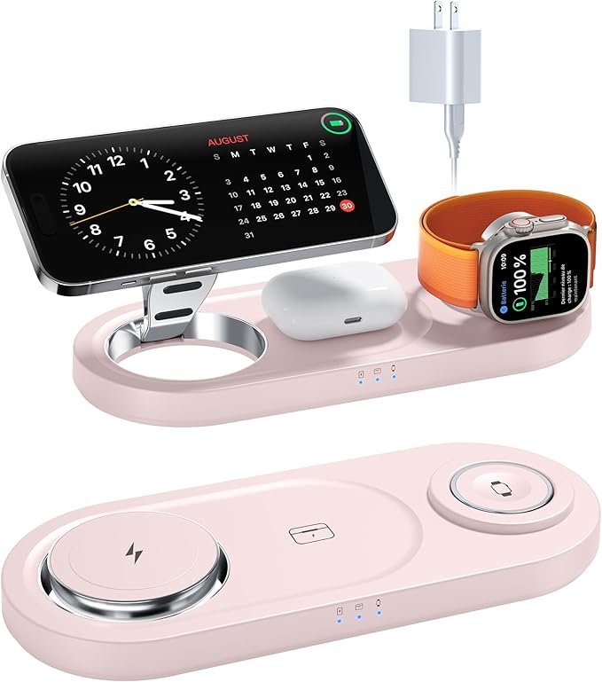 Upgraded 3 in 1 Wireless Charging Station for Apple Devices, Faster Mag-Safe Charger Stand, Magnetic Charger Station for iPhone 17/16/15/14/13/12 Series & AirPods Pro & Apple Watch Series (Pink)