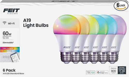 Feit Electric A19 Smart LED Light Bulb, 60W Equivalent, Dimmable, RGBW Color Changing, Alexa & Google Home Compatible, 2.4GHz Wi-Fi Enabled, 800 Lumens, 25,000-Hour Lifetime, OM60/RGBW/CA/AG/6, 6-Pack