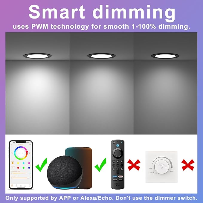 Smart Recessed Lighting 4 Inch Black RGBCW Color Changing 12W LED Downlight with Junction Box,1000 Lumen Recessed Ceiling Light Compatible with Alexa,Dimmable by Bluetooth Control -6Pack