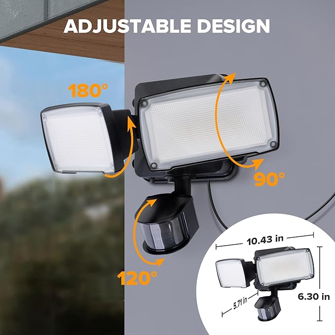LUTEC 21W Plug in Motion Sensor Light Outdoor, Flood Lights Outdoor Motion Sensor,2500LM, 5000K Daylight,IP65 Waterproof,Adjustable 2 Heads Wall Light for Garage, Porch, Yard - Black