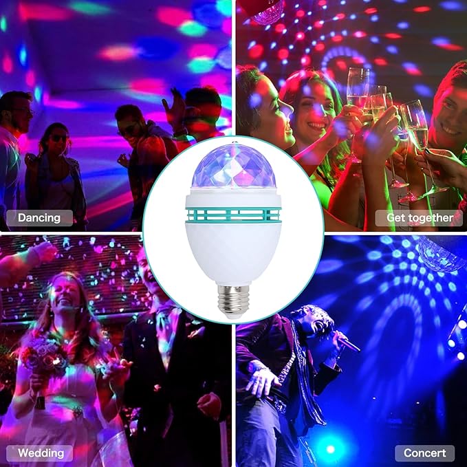 4 Pack Color Rotating Bulb E26 Party LED Bulbs,Multi Crystal Stage Lights for Disco,Color Changing Strobe RGB Bulb,Suitable for Indoor and Outdoor Birthday Parties,Clubs,Bars,Photography