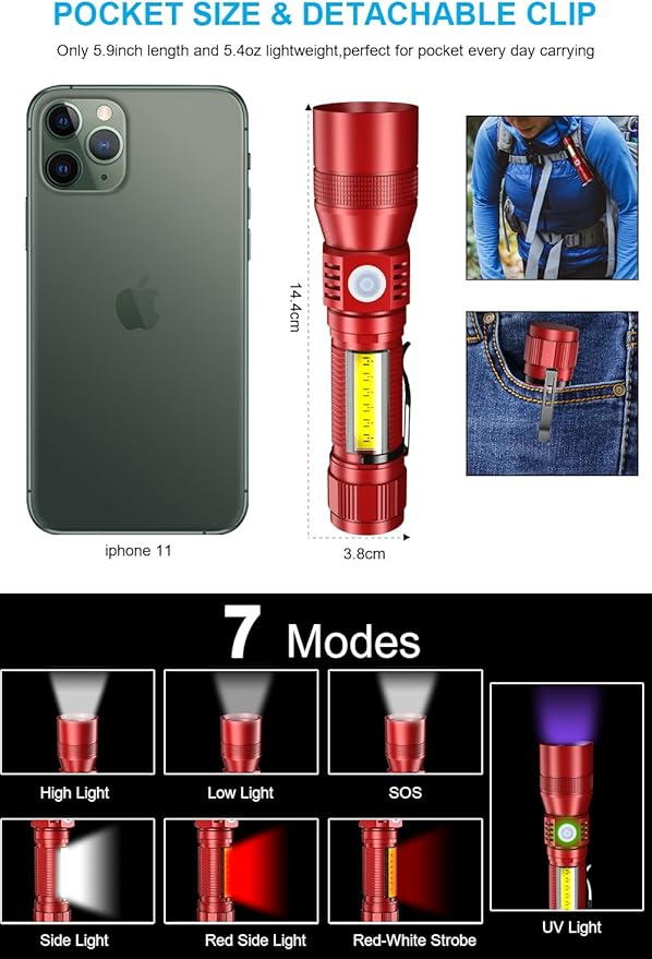 UV Flashlight Rechargeable, Black Light Flashlight with Magnet&Side Work Light 3in1 Tactical Flashlight Blacklight&Redlight, Zoomable, Waterproof LED Torch for Pet Urine Detector, Red,2Pcs