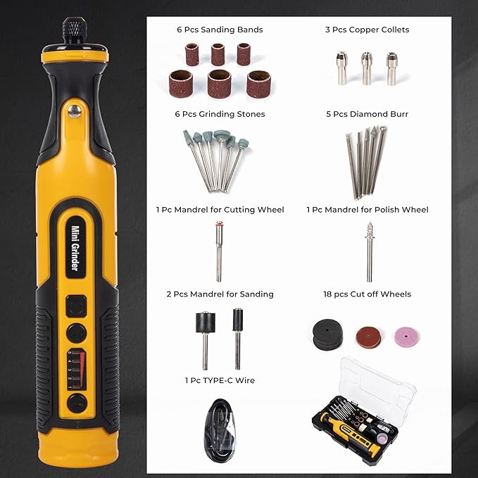7.2V Cordless Grinder Tool, Mini Rotary Tool Setwith Battery & Charger, 5Speed Adjustment, LED Light, 65 Piece Accessory Kit| Cutting/Polishing Wheels, Diamond Burrs, Sanding Bands