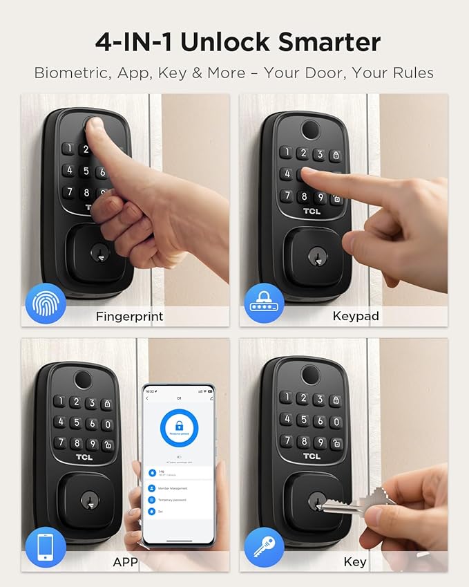 TCL D1 Smart Lock Keyless Entry - Fingerprint Door Lock with WiFi, Auto-Lock, Voice Control for Alexa & Google Assistant, Easy Install for Home Security