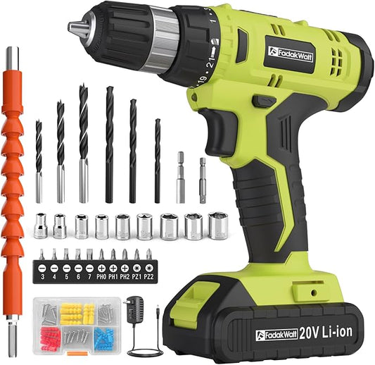 Cordless Drill Set, 20V Electric Power Drill with Battery And Charger, Torque 30N, 21+1 Torque Setting, 3/8-Inch Keyless Chuck, Drill Driver Bits Kit, with LED Electric Drill Set. (green)