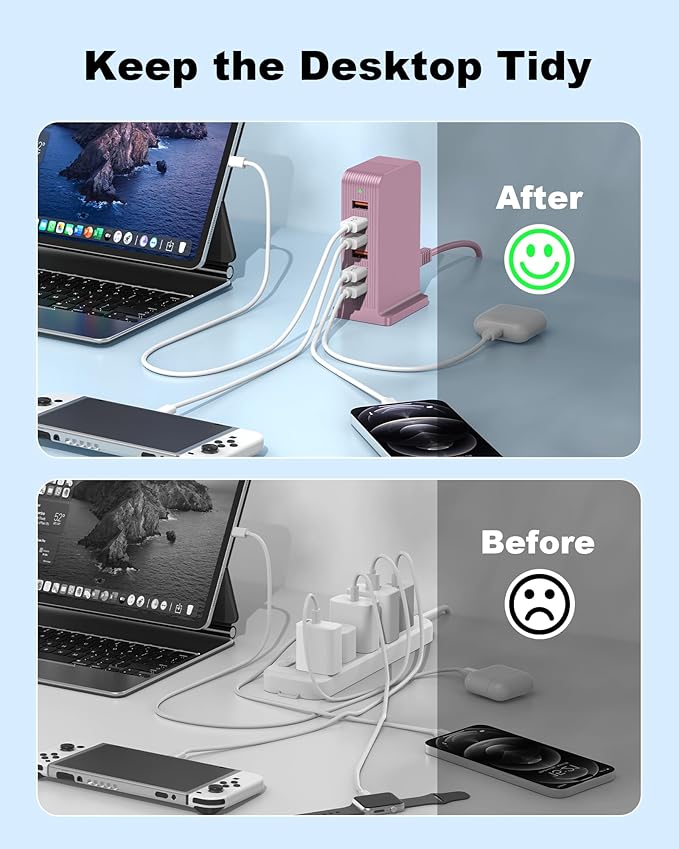 USB C Charging Station - USB Charging Hub,6 Port USB Charger Tower for iPhone 15/14/13/12, iPad, Samsung Galaxy, Google Pixel,HTC, and Multiple Devices (pink-50W)