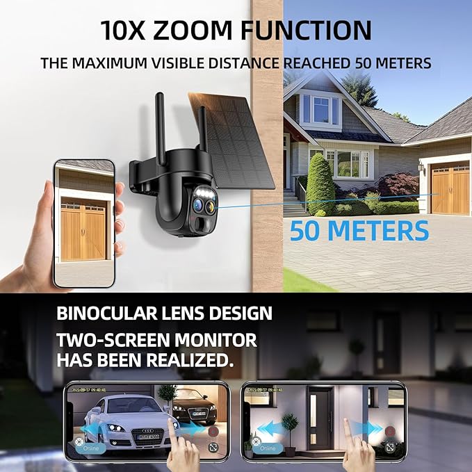 Hawkray Pannel Solar Wireless Outdoor Security Camera, Dual-Lens, 10xZoom, 2K Resolution 3MP 360°Pan/Tilt,2.4&5G WiFi Battery Powered Camera with Spotlight Alarm PIR Motion Detection
