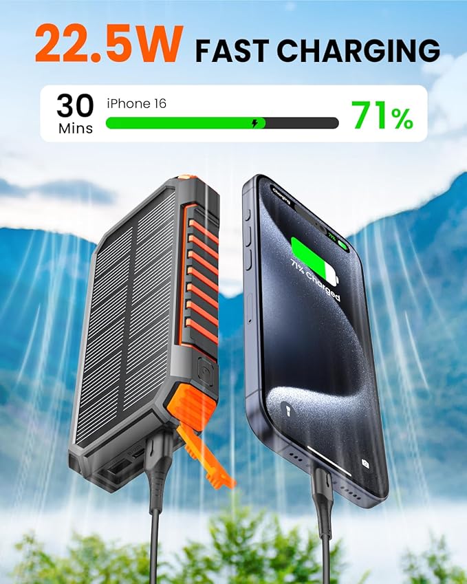 Riapow Solar Charger Power Bank: 27000mAh Wireless Portable Charger Built-in Cables - 22.5W Fast Charging Battery Bank with USB C - PD QC3.0 External Battery Pack for Phone - 2 Flashlights for Outdoor