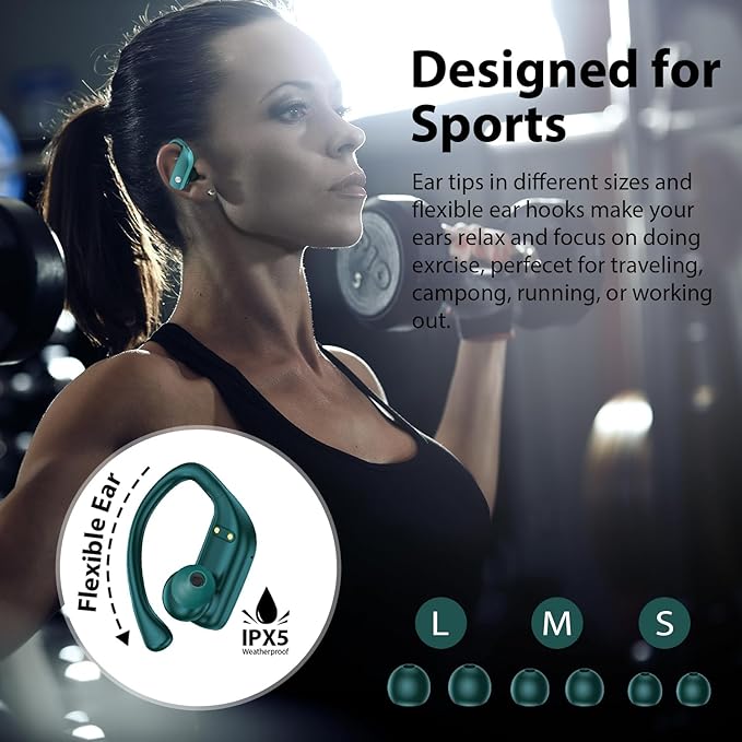 bmanl Wireless Earbuds Bluetooth Headphones 48hrs Play Back Sport Earphones with LED Display Over-Ear Buds with Earhooks Built-in Mic Headset for Workout Green
