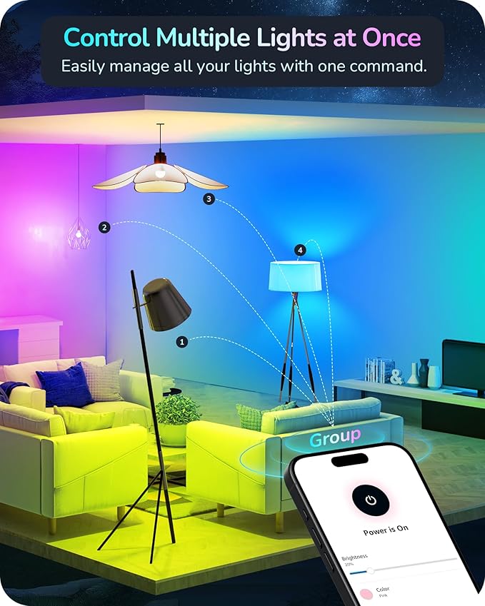 EDISHINE Matter Smart Light Bulbs, Smart Bulbs Work with Apple Home/Alexa/Google Home/SmartThings, RGBTW Color Changing Light Bulb Music Sync, 2.4GHz WiFi Bulb, 800LM Equivalent 60W, A19, E26, 2PCS