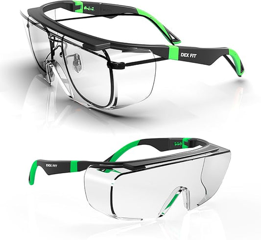 DEX FIT Safety Over Glasses SG210 OTG; Fit Over Your Eyewear, Z87 Eye Protection, Fog & Scratch Resistant, Adjustable for Women & Men, UV Protective (Black & Green Frame, Clear Lens)