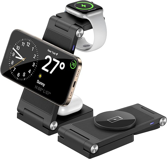 Magnetic Wireless Charger Stand, 3 in 1 Foldable Wireless Charging Station, Travel Charger for Multiple Devices for iPhone 16 15 14 13 12 Series, Apple Watch Ultra/9/8/7/6/5/4/3/2, AirPods