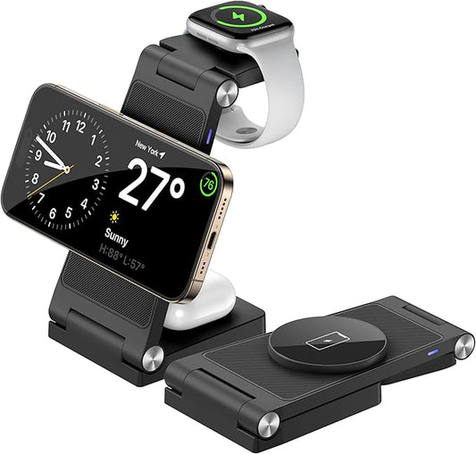 Magnetic Wireless Charger Stand, 3 in 1 Foldable Wireless Charging Station, Travel Charger for Multiple Devices for iPhone 16 15 14 13 12 Series, Apple Watch Ultra/9/8/7/6/5/4/3/2, AirPods