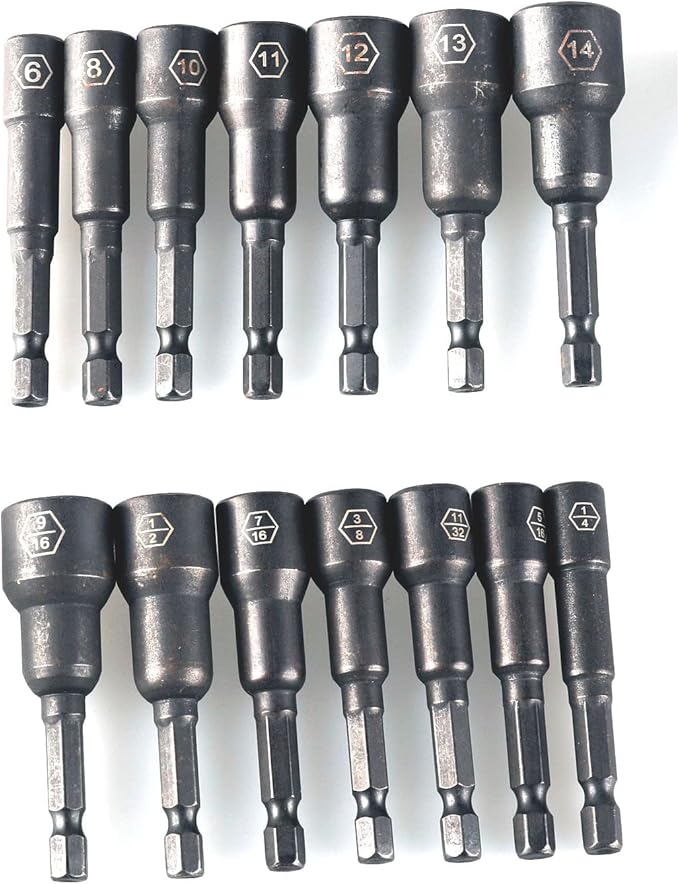 Magnetic Nut Driver Set,Impact Power Hex Nut Driver Drill Bit Master Kit, SAE & Metric, 1/4-Inch Quick-Change| Cr-V Steel (14PCS Magnetic Nut Driver Set)