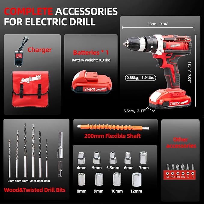 DOGTOOTH 21V MAX Cordless Drill, 2 * 2.0 Ah Batteries, Compatible with Makita 18V Battery, 2 Speed Functions Max 1350 RPM, Build-in LED, 23 Bits, Charger, Tool Bag - Red
